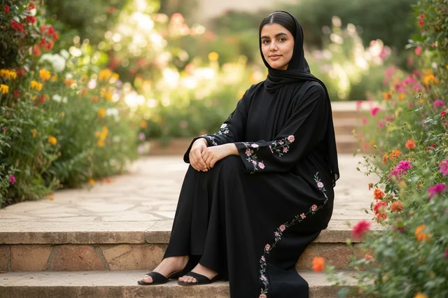 Emirati Woman in Black Abaya Sitting in Flower Garden