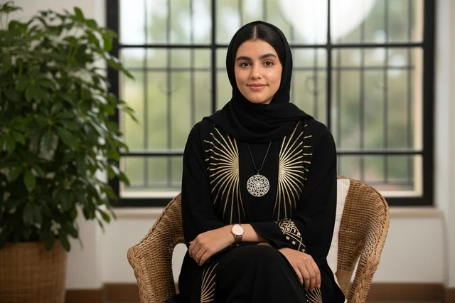 Saudi Woman in Black Embroidered Abaya Sitting Indoors