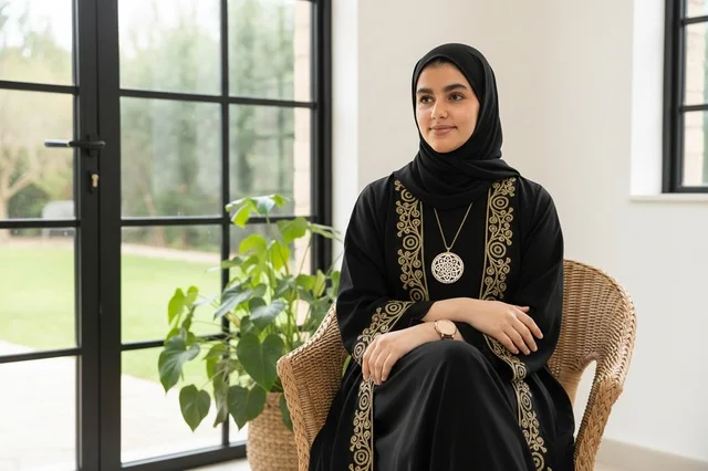 Emirati Woman in Black Abaya Sitting Indoors