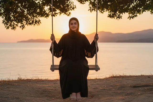 Arab Woman in Abaya on Swing at Sunset Beach