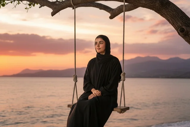 Emirati Woman on Swing at Sunset Beach