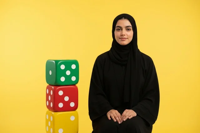 Emirati Woman in Abaya with Dice on Yellow Background