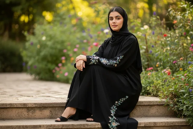 امرأة سعودية بعباءة سوداء تجلس في الحديقة