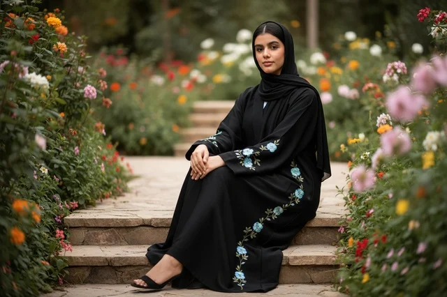 Saudi Woman in Black Embroidered Abaya in Garden