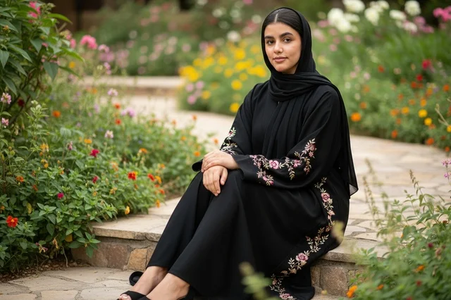 امرأة عربية بعباءة سوداء مطرزة في حديقة زهور