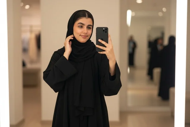 Saudi Woman in Black Abaya Taking Mirror Selfie