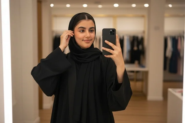 Saudi Woman in Black Abaya Taking Mirror Selfie
