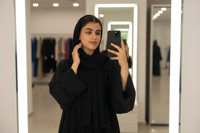 Saudi Woman in Black Abaya Taking Mirror Selfie