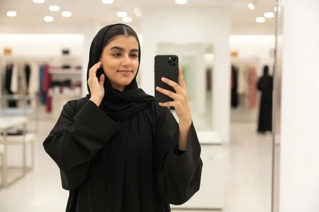 امرأة سعودية بالعباءة السوداء تلتقط صورة سيلفي