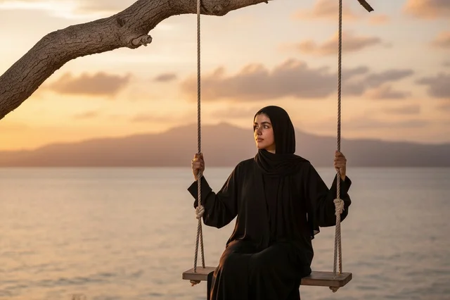 امرأة عربية بالعباية على أرجوحة بحرية عند الغروب