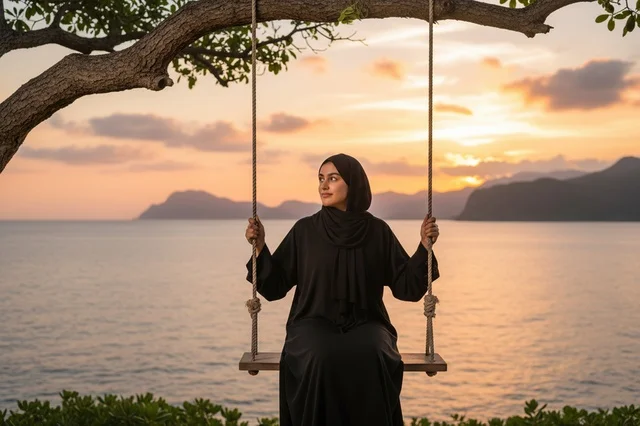امرأة عربية بالعباءة على أرجوحة وقت الغروب