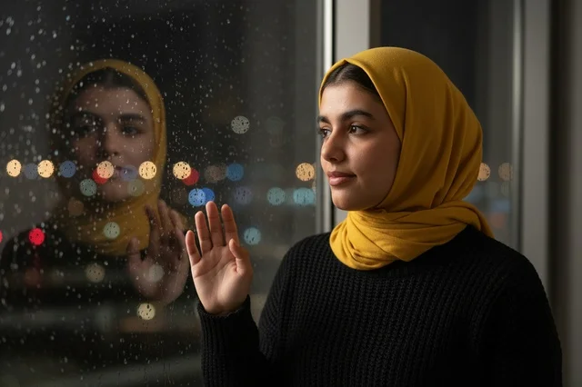 Muslim Woman in Yellow Hijab by Rainy Window at Night