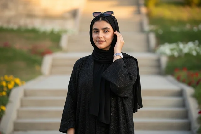 Young Saudi Woman in Black Abaya and Hijab Outdoors