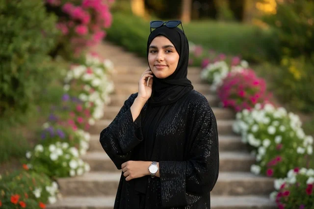 Emirati Woman in Black Abaya standing in Garden