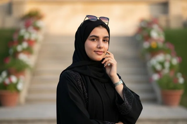Young Saudi Woman in Traditional Black Abaya and Hijab