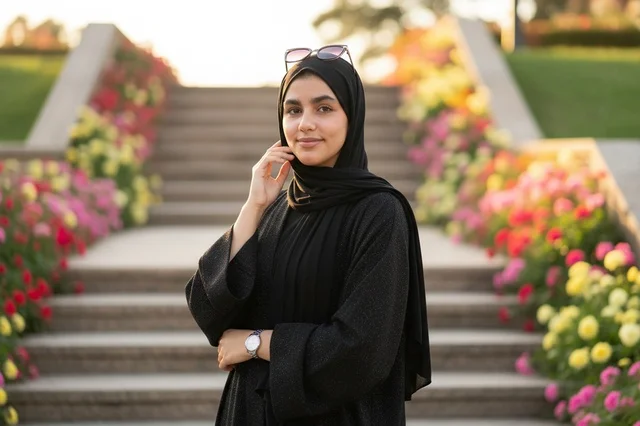امرأة إماراتية بالعباءة السوداء في حديقة عامة