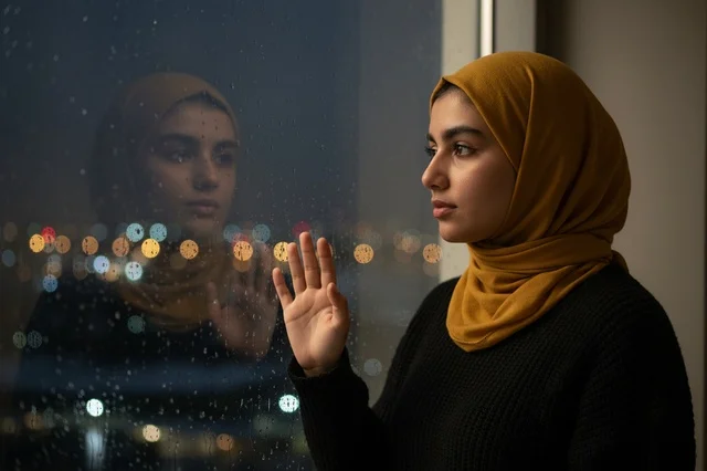 امرأة عربية محجبة تنظر من نافذة ممطرة ليلاً