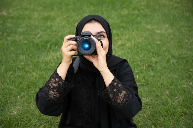 Emirati Woman Photographer in Black Abaya with DSLR