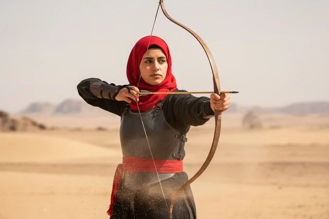 Arab Woman Archer in Traditional Armor Desert Background Arab Woman Archer in Traditional Armor Desert Background