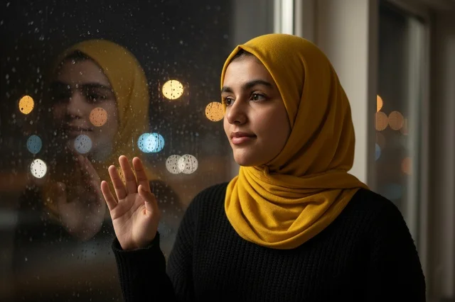 امرأة عربية بالحجاب الأصفر بجانب نافذة ممطرة ليلاً