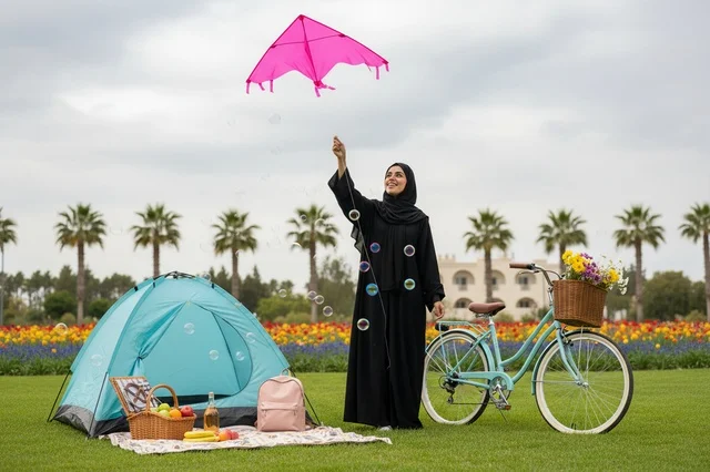 امرأة إماراتية تطير طائرة ورقية في نزهة بالحديقة