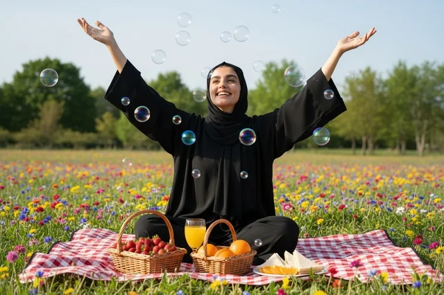 Saudi Woman in Abaya Having a Picnic in Flower Field