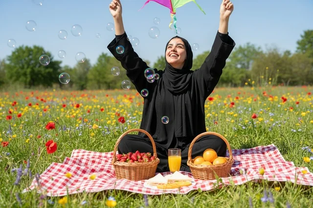 Arab Woman Picnic in Wildflower Meadow with Bubbles