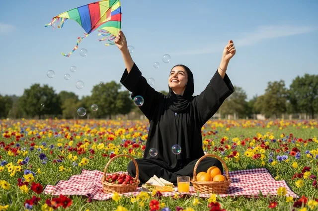 Emirati Woman Having Picnic in Flower Field with Kite