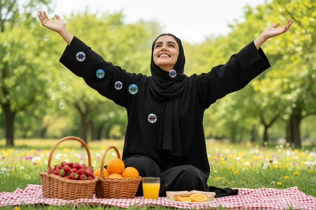 Emirati Woman in Abaya Having a Picnic in the Park