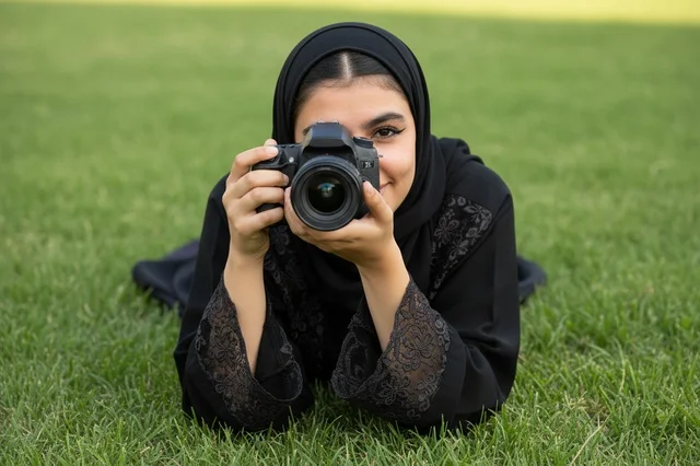 Emirati Woman Photographer in Abaya Holding DSLR Camera