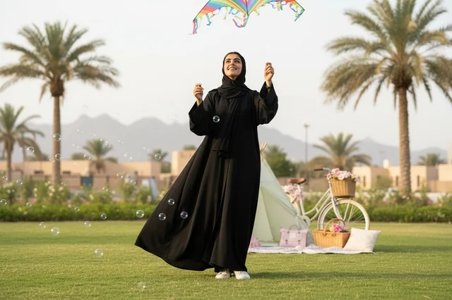 Saudi Woman Flying Kite in Park During Picnic Saudi Woman Flying Kite in Park During Picnic