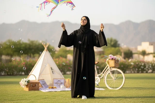 Emirati Woman Flying Kite in Park with Picnic Setup
