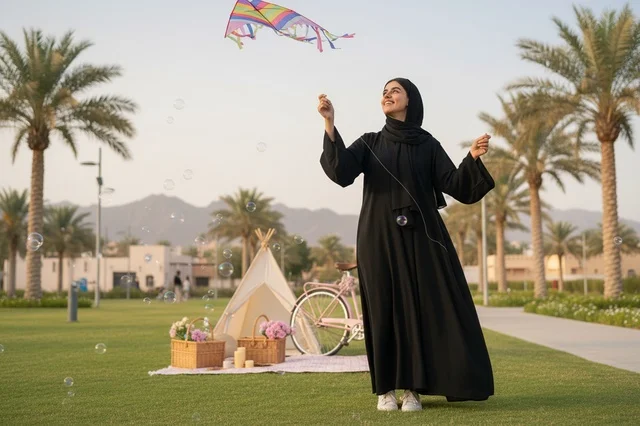امرأة إماراتية بالعباءة تطير طائرة ورقية في الحديقة
