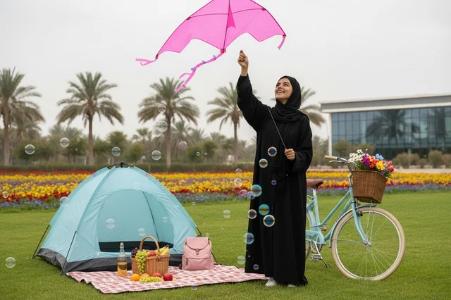 Saudi Woman Flying Kite at Park Picnic
