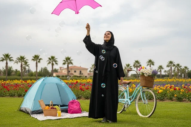 امرأة إماراتية بالعباءة تطير طائرة ورقية في مخيم بحديقة