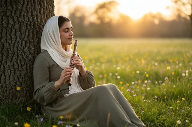 Muslim Woman with Flute in Nature at Sunset