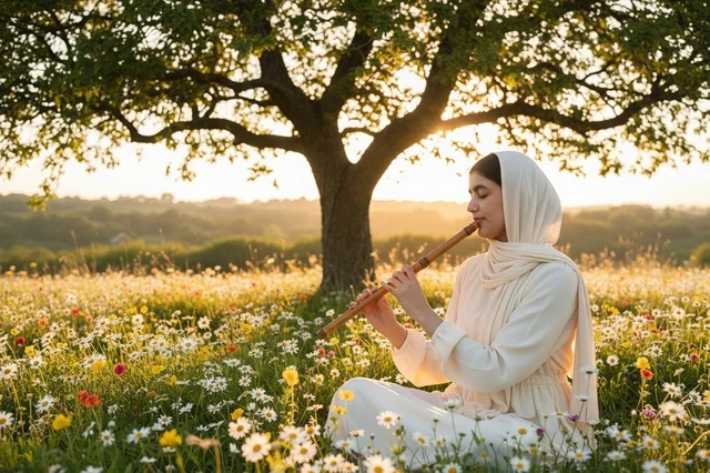 امرأة عربية بالحجاب تعزف الناي في حقل زهور
