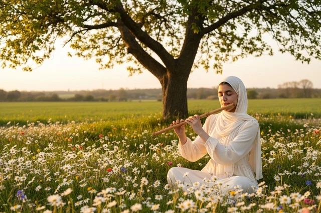 امرأة محجبة تعزف الناي في حقل زهور الأقحوان