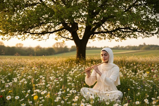 امرأة محجبة تعزف الناي في حقل زهور عند الغروب