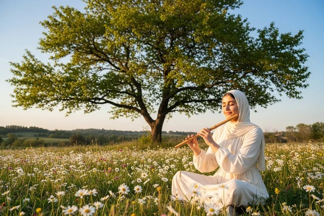 امرأة عربية تعزف الناي في حقل أقحوان وقت الغروب