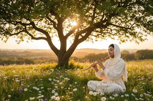 Arab Woman in Hijab Playing Flute in Flower Field