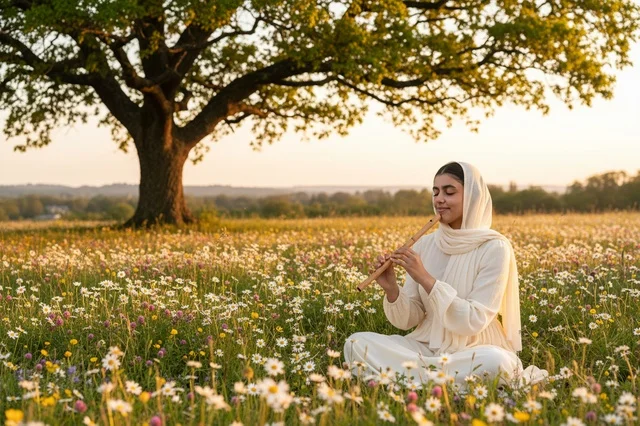 Arab Woman Playing Flute in Daisy Field at Sunset