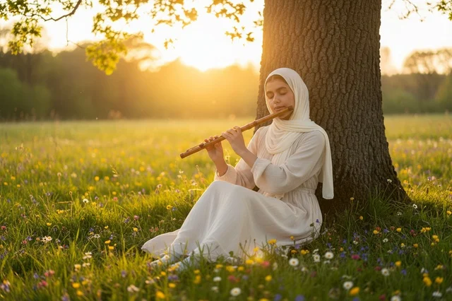امرأة محجبة تعزف الناي في حقل عند الغروب