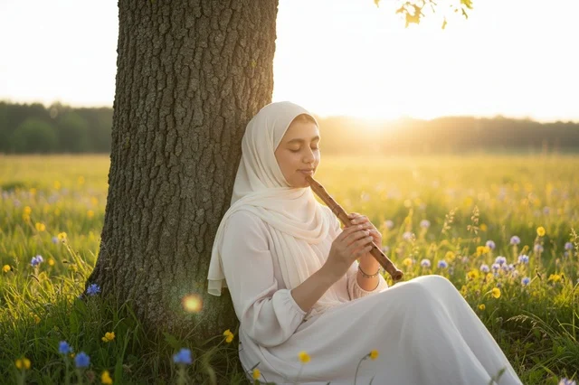 امرأة عربية بالحجاب تعزف الناي وقت الغروب