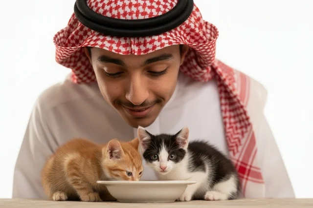 Saudi Man in Traditional Dress with Kittens