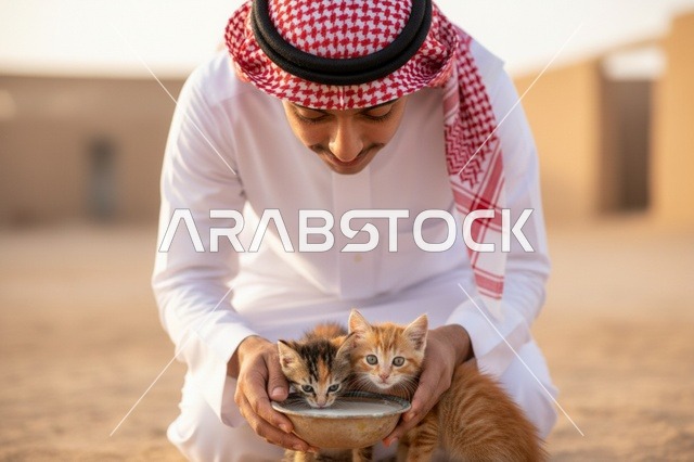 رجل سعودي يطعم قطط في الصحراء وقت الغروب
