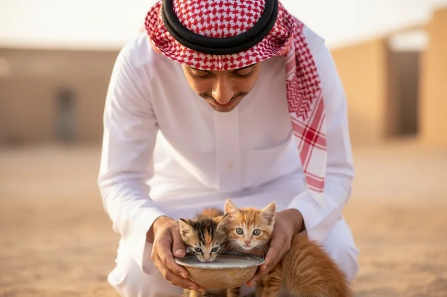 رجل سعودي يطعم قطط في الصحراء وقت الغروب