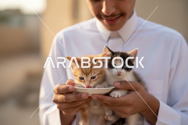 شاب سعودي بالثوب يطعم قططاً صغيرة في الخارج