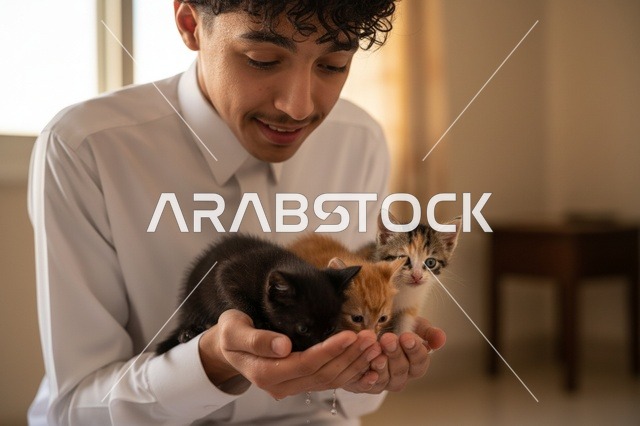 شاب سعودي بالثوب يحمل قطط صغيرة في المنزل