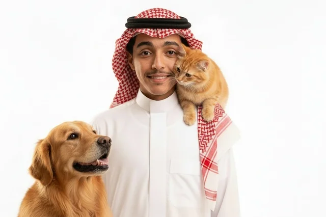 رجل سعودي بالثوب التقليدي مع قطة وكلب